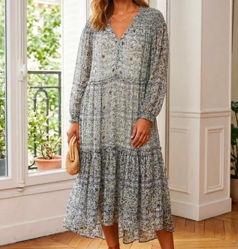 Free People Small Sheer Smocked Shoulder Midi Dress